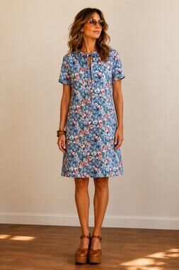VTG 60s Handmade Floral Shift Dress S/M Blue Pink Mod House Dress Retro Zip